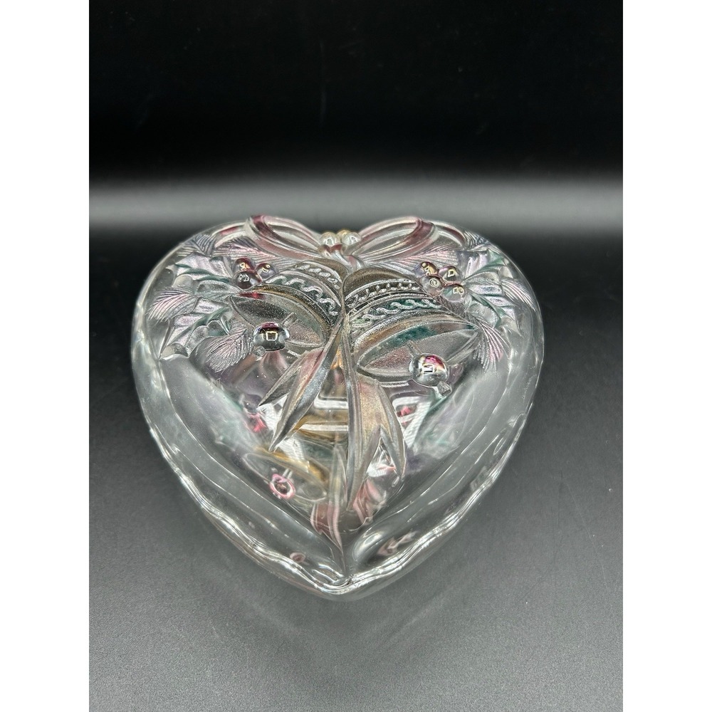 Mikasa Glass Heart Shaped Covered Candy Dish Trinket Box Festive Bells Christmas
